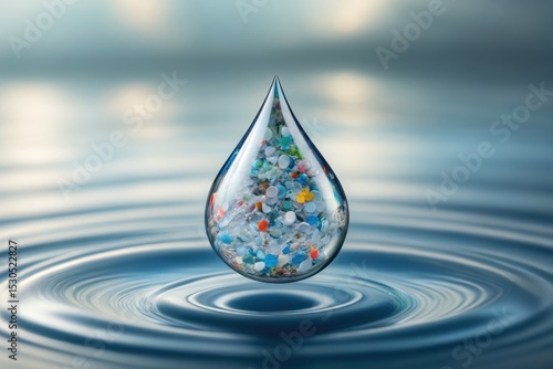 Microplastic Pollution Water droplet with miniature plastic debris, highlighting environmental pollution and microplastics.