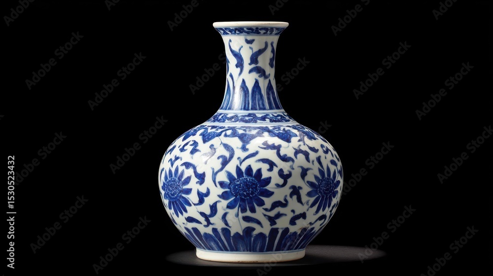 This fine white Ming vase, featuring intricate blue floral patterns, stands tall with its long neck, reflecting artistry and history in a contemporary display setting This fine white Ming vase, featuring intricate blue floral patterns, stands tall with its long neck, reflecting artistry and history in a contemporary display setting