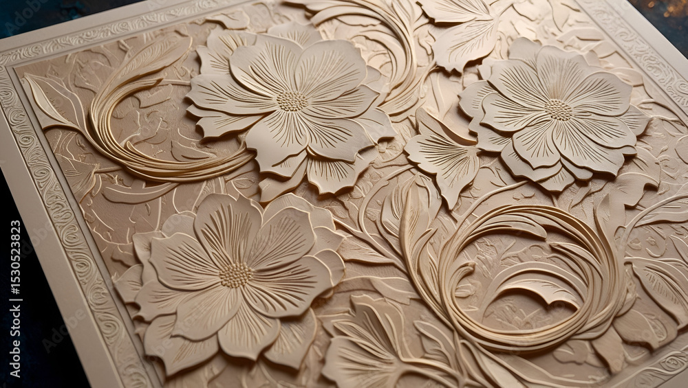 Delicate beige embossed flower patterns on paper, placed over a dramatic dark background, soft shadows and artistic detail Delicate beige embossed flower patterns on paper, placed over a dramatic dark background, soft shadows and artistic detail
