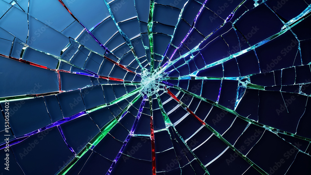 Obraz premium Shattered glass texture with blue tones and colorful highlights for abstract designs