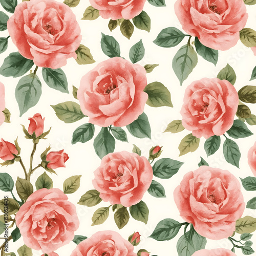 Seamless Watercolor Floral Background with Pink Roses and Green leaves on a white background. GridView Vintage Style. 
