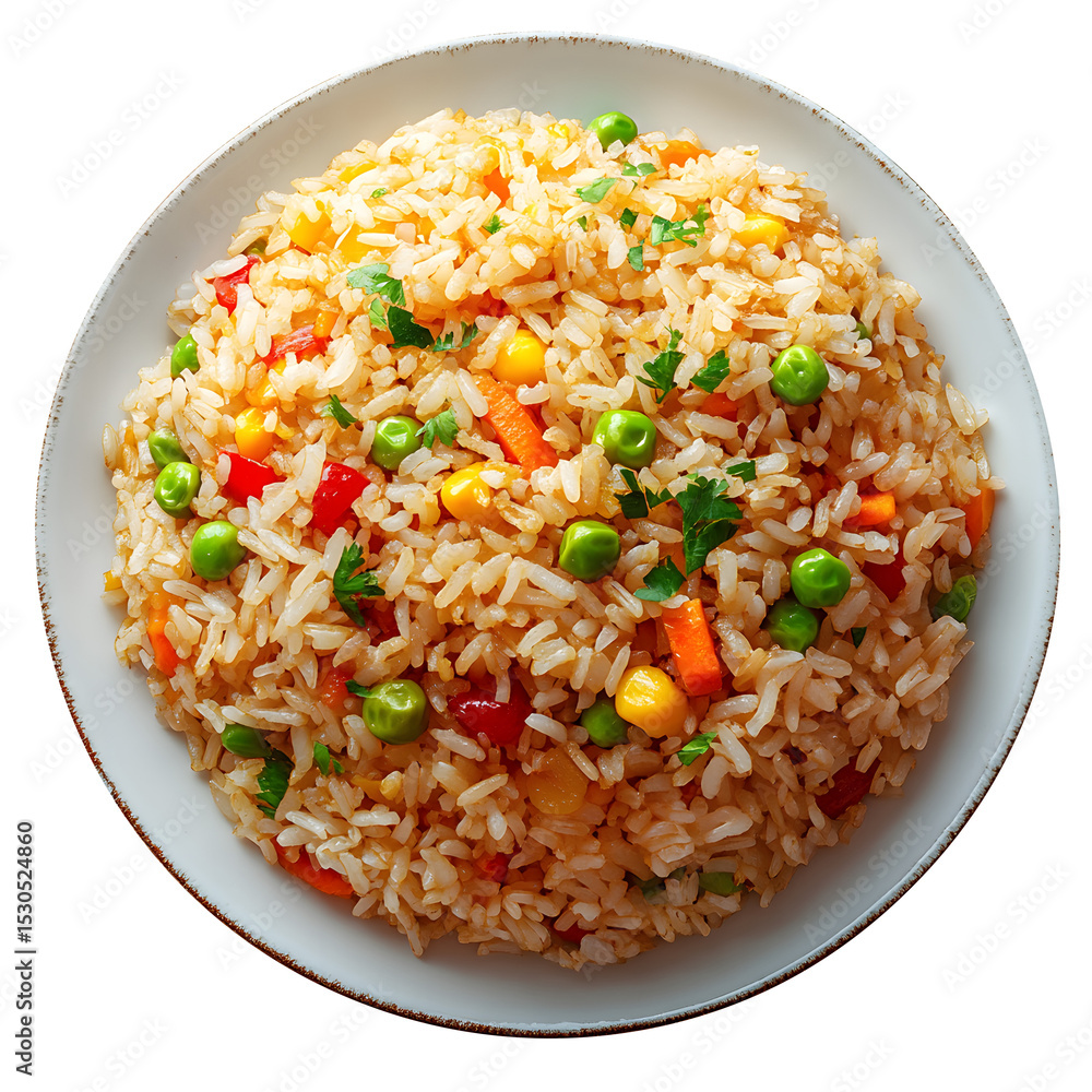 Fried rice, beautifully decorated plate isolated on a white background Fried rice, beautifully decorated plate isolated on a white background