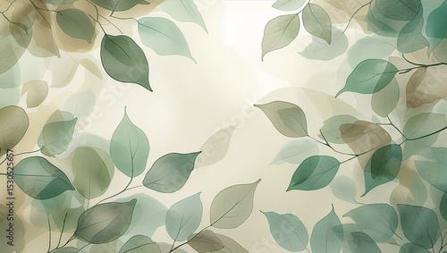 Watercolor botanical artwork depicting elegant translucent leaves in various shades of green and beige