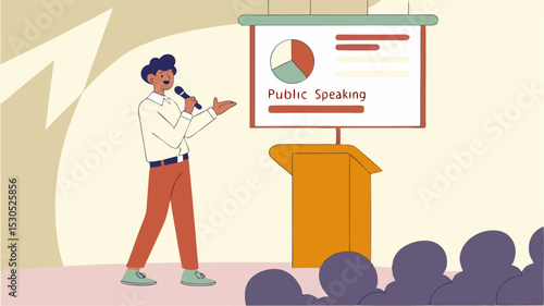 Illustration of a man giving a public speaking presentation with a pie chart and audience members present