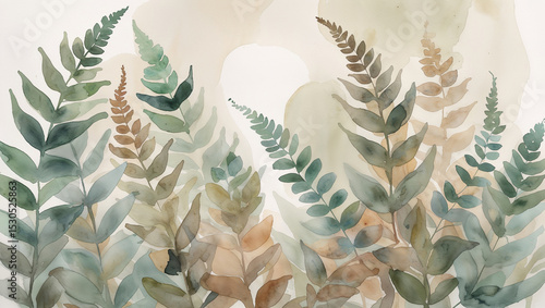 Watercolor illustration of lush green and brown ferns with soft neutral background