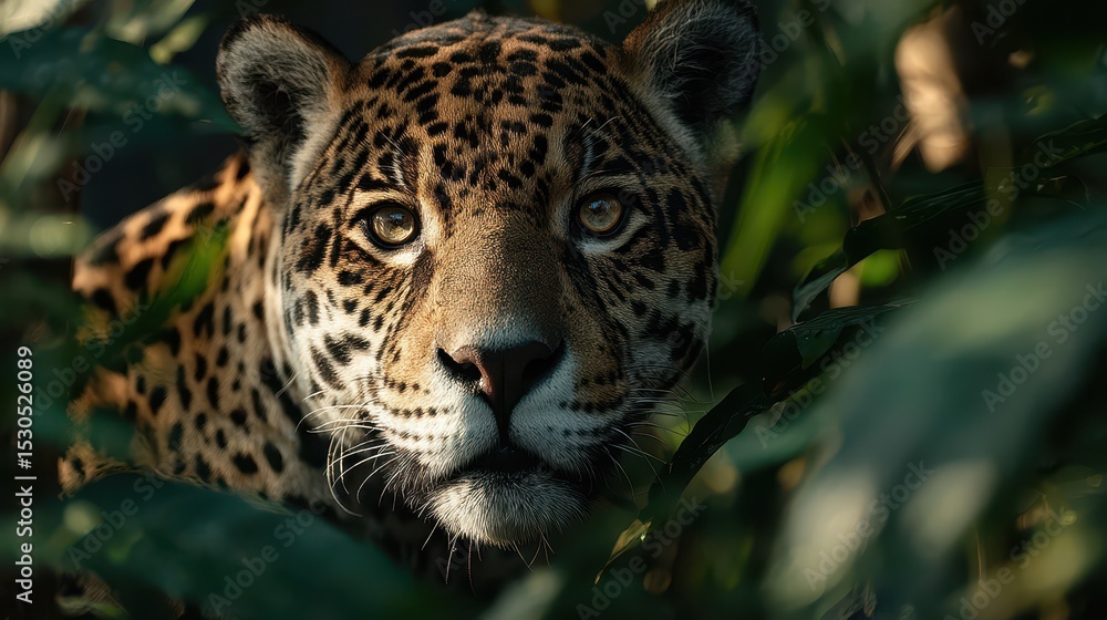 Obraz premium A jaguar emerges from thick green jungle foliage, showcasing its powerful presence and striking coat as it navigates its natural habitat in daylight