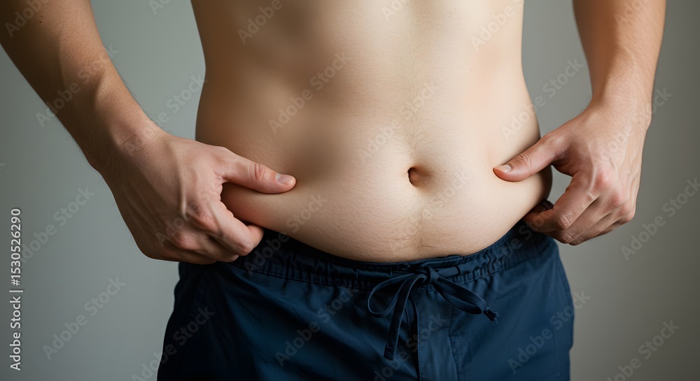 Naklejka premium Close-up of a man gently pinching her lower belly fat
