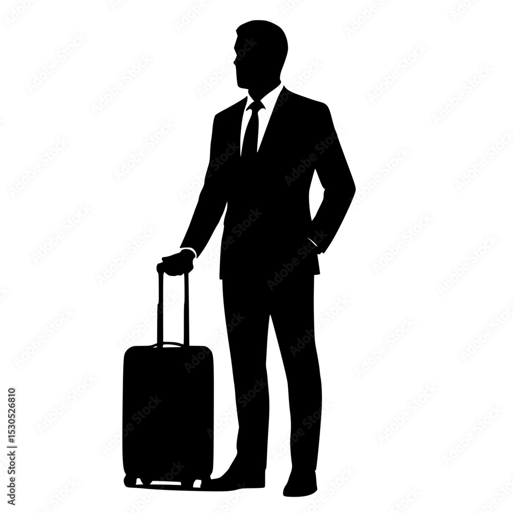 Businessman standing with suitcase in formal attire silhouette Businessman standing with suitcase in formal attire silhouette