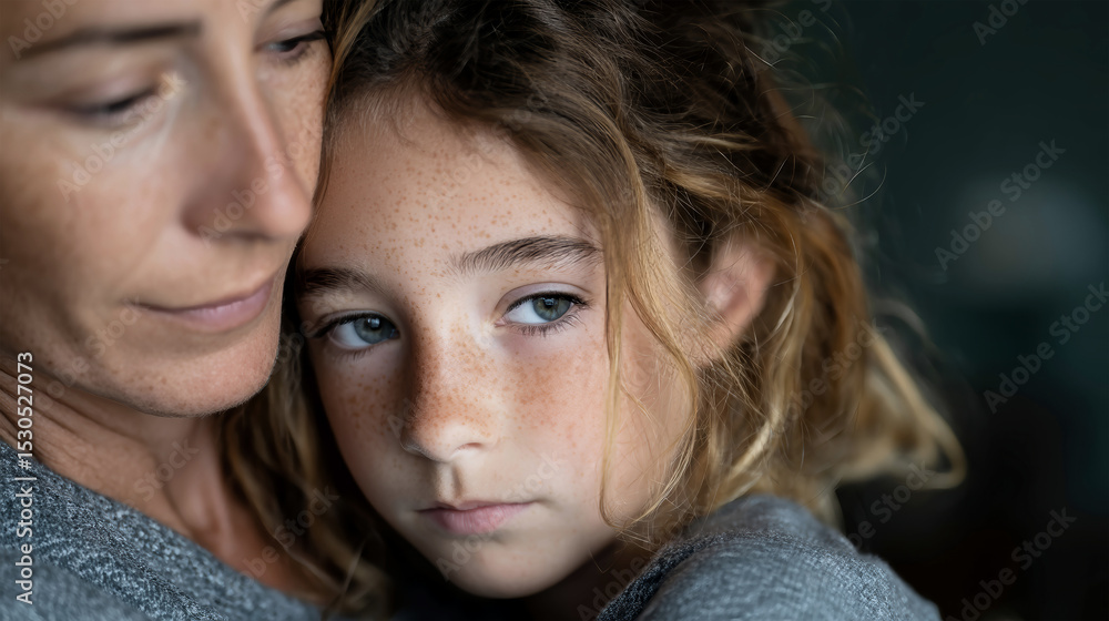 Young girl finds comfort in mother's embrace while dealing with sadness at home Young girl finds comfort in mother's embrace while dealing with sadness at home