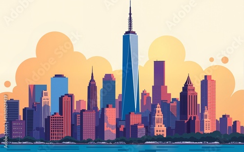 A colorful cartoon illustration of the New York City skyline. High quality © ming