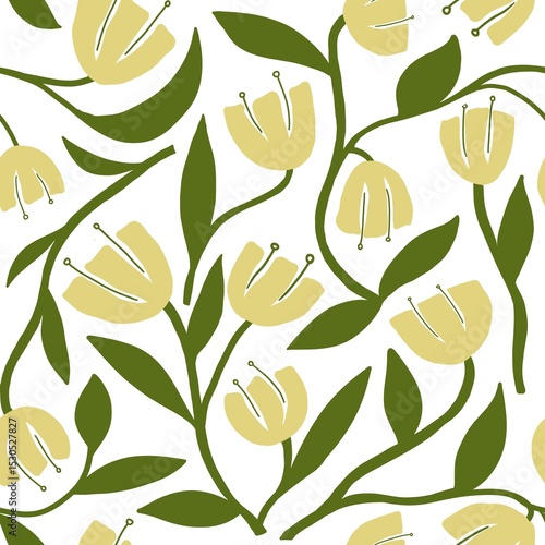 Seamless pattern with yellow tulips on a white background
