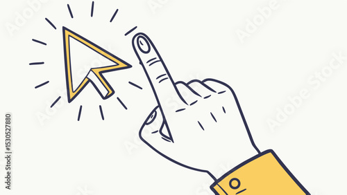 Illustration of a hand with a finger pointing towards a cursor with radiating lines around it design