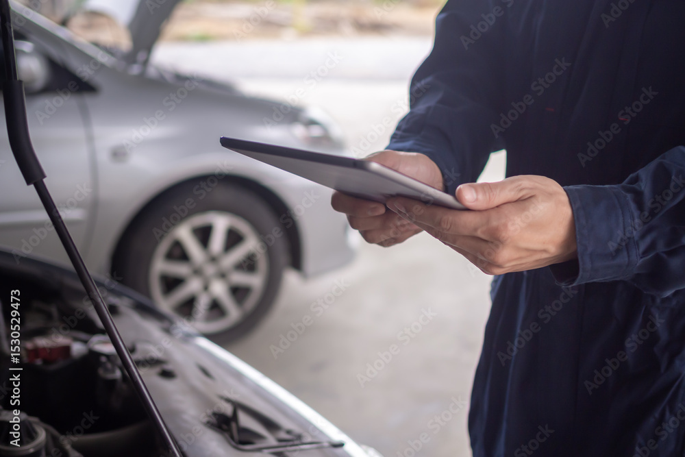 mechanic is doing the annual car inspection. Car repair shop is ready to serve. Car mechanic inspects car engine problems technical inspection engine safety Maintenance Changing the engine oil mechanic is doing the annual car inspection. Car repair shop is ready to serve. Car mechanic inspects car engine problems technical inspection engine safety Maintenance Changing the engine oil
