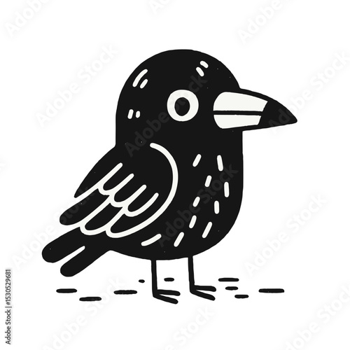 Charming Black and White Crow Illustration – Whimsical Bird Art in Line Style