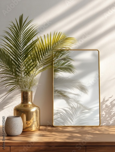An empty vertical gold frame stands against a wall, surrounded by lush green foliage. Sunlight casts delicate shadows over a wooden surface, creating a serene atmosphere of tranquility