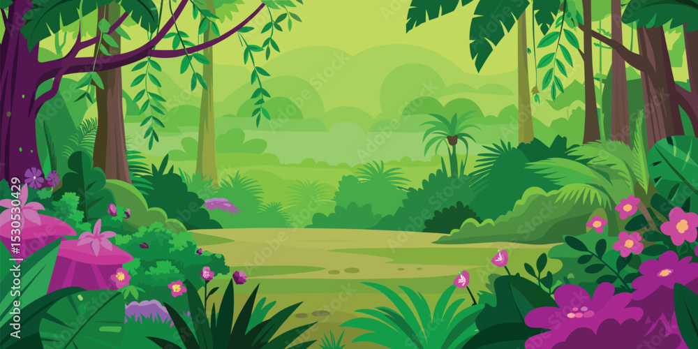 Vibrant Jungle Landscape with Lush Greenery and Colorful Flora - Flat Illustration Vibrant Jungle Landscape with Lush Greenery and Colorful Flora - Flat Illustration