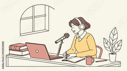 Illustration of a woman with headphones podcasting at a desk with a laptop and microphone setup at home