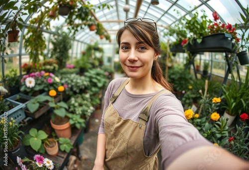 Female gardener in a lush greenhouse