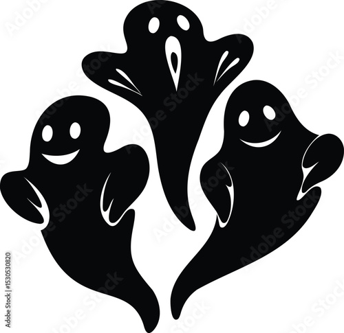 Three Cute Ghost Silhouettes with Smiling Faces for Fun Halloween Vector Art, Kids Party Themes, or Festive Decoration Concepts