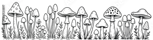 Hand-Drawn Mushroom Forest Border Clipart Black and White Fungi Illustration with Grass and Plants