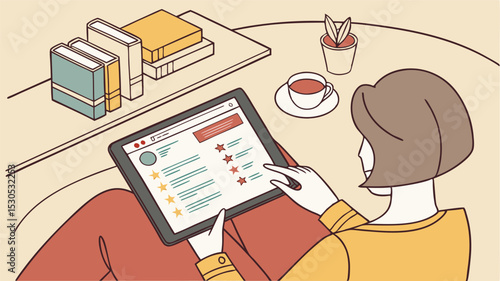 Woman using a tablet while sitting with books plant and tea cup on a table in a cozy home environment