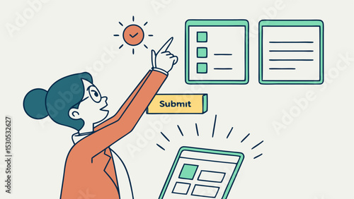 Woman interacting with digital interface featuring checklist submit button and tablet device with icons
