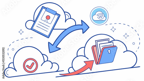 Data transfer illustration showing document moving to cloud and cloud to folder with arrows flow