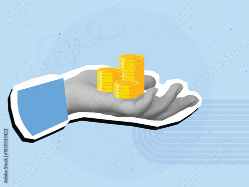 Black and white hand holding a stacks of gold coins. Modern photo collage style. Vector illustration