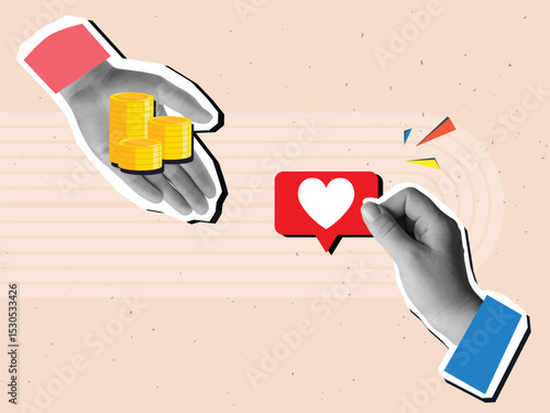 Black and white hands with gold coins and like symbol with a heart. Exchange money for likes - the concept of buying advertising in social media. Modern collage style. Vector illustration