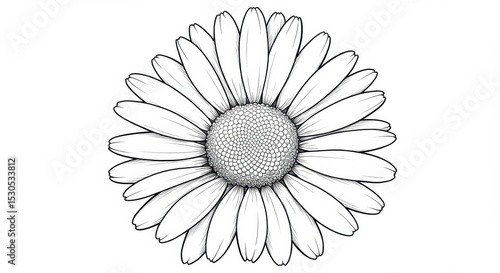 Detailed Line Drawing of a Daisy with Thin Petals and Textured Center