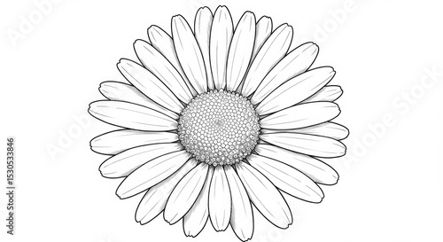Detailed Line Drawing of a Daisy Viewed from the Front