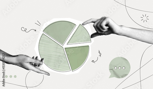 Trendy Halftone Collage Hand with pieces of pie chart. Business data and market share concept. Circular diagram parts. Finance graph. Investment strategy. Contemporary vector illustration art