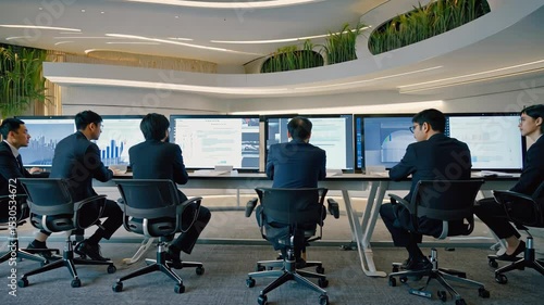 Group of business partners discussing company development strategy in modern office. motion video.