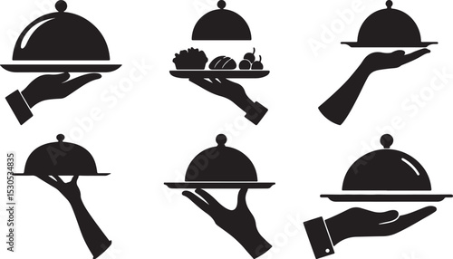 Waiter Hand Holding Cloche Silhouettes Vector Set