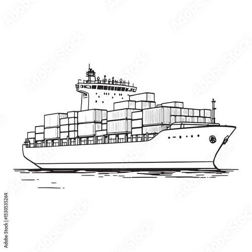 detailed cargo ship sketch vector line art for transport