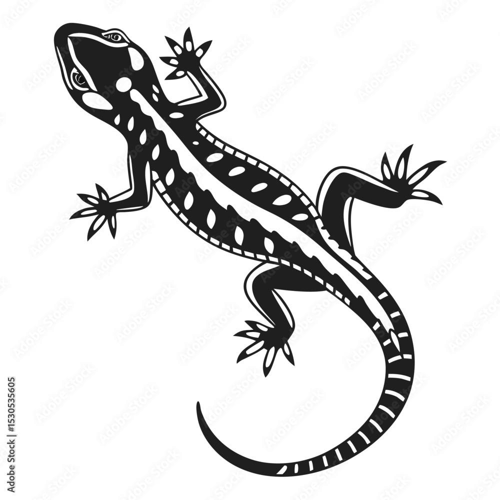 Fototapeta premium A sleek black gecko with distinct white markings confidently perches, its textured skin evident