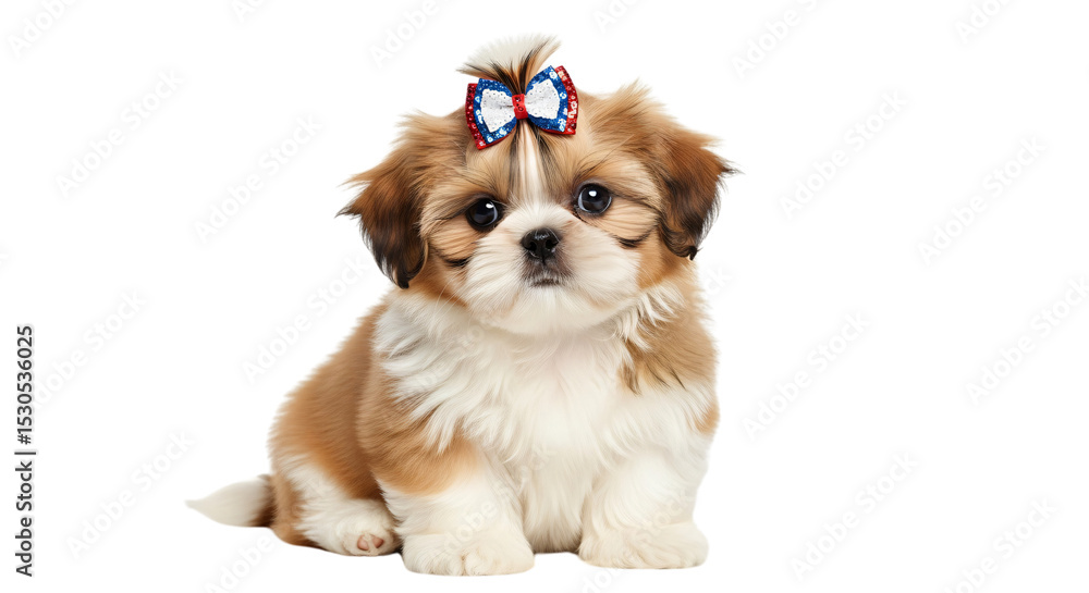 Charming Shih Tzu puppy with patriotic red, white, and blue bow, ideal for Fourth of July, Memorial Day, pet supply advertisements, veterinary websites, and adorable greeting cards, Charming Shih Tzu puppy with patriotic red, white, and blue bow, ideal for Fourth of July, Memorial Day, pet supply advertisements, veterinary websites, and adorable greeting cards,