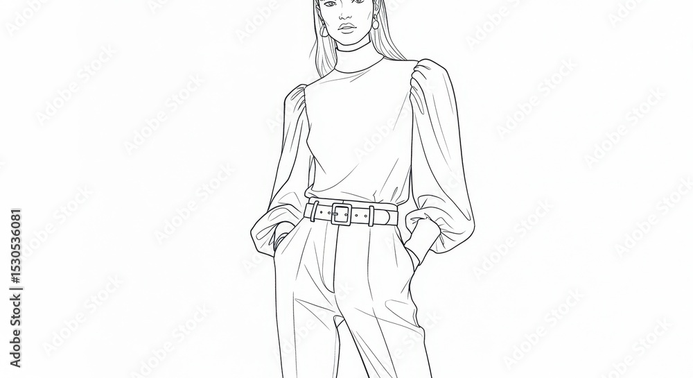 Woman in High-Neck Blouse with Balloon Sleeves and Tailored Trousers Woman in High-Neck Blouse with Balloon Sleeves and Tailored Trousers