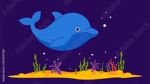Photography Cute Dolphin with algae and coral on seabed on dark blue background
