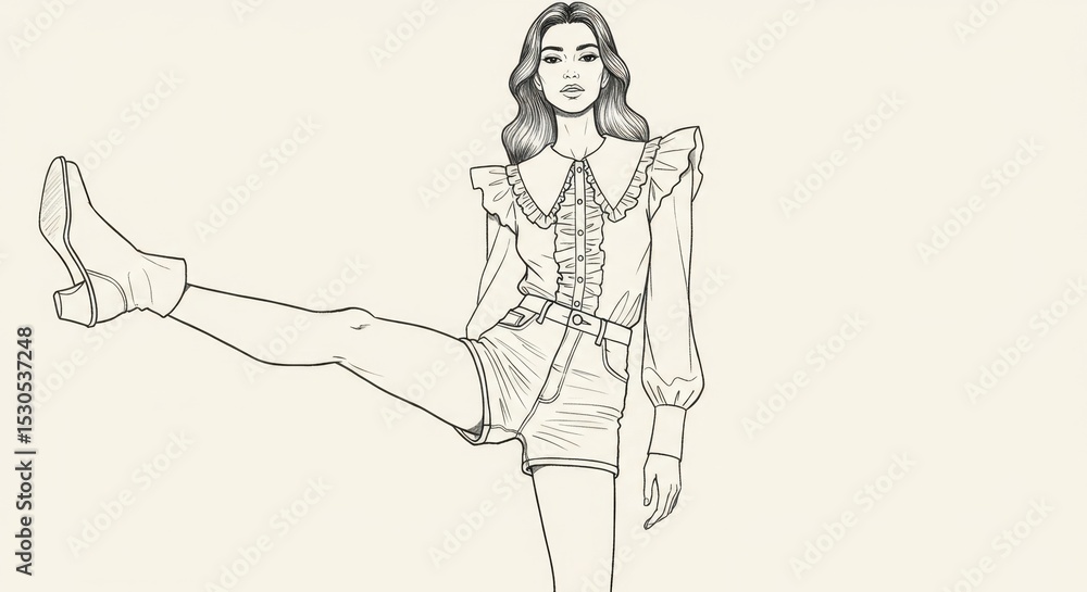 Fototapeta premium Line Drawing of Woman in Collared Blouse and High-Waisted Shorts