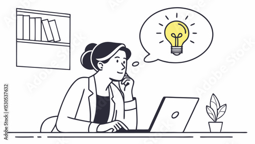 Woman working on laptop with lightbulb idea in thought bubble in office with bookshelf and plant pot