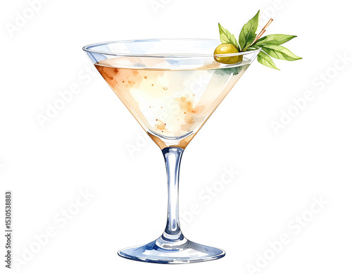 Watercolor illustration of a classic martini cocktail. Cocktail drink watercolor illustration on transparent background.