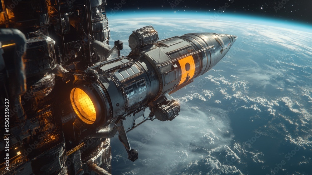 Obraz premium A futuristic spacecraft hovers near Earth. The design showcases advanced technology and cosmic exploration. A journey to the stars awaits us. Generative AI