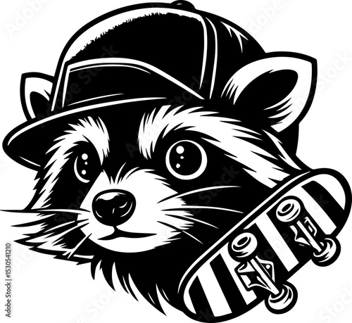 SVG file raccoon and skate black and white vector, file for printing, cutting