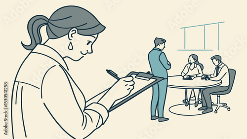Woman taking notes on a clipboard while colleagues meet around a table in an office setting shown in line art