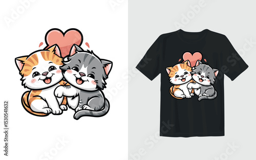 Cute Cartoon Cats with Heart Design for T shirt and Merchandise
