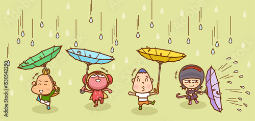 雨の中みんなで傘をひっくり返して遊ぶキッズたちのイラスト／Illustration of kids playing in the rain with umbrellas turned upside down