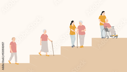 Care Stages of Elderly Woman – Walking to Wheelchair, Step Illustration