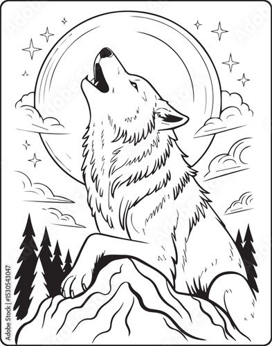 Wolf howling on mountain in forest natural night scenery black vector outline illustration for children coloring page design