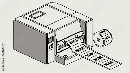Isometric illustration of a label printer dispensing a printed label roll with multiple labels shown